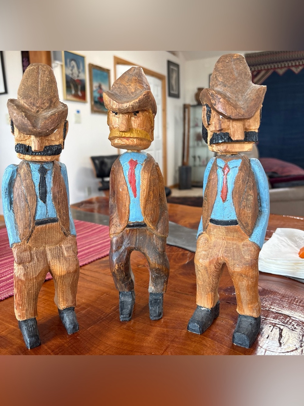 Vintage Wood Cowboy Statues Figurines Set of Three Hand Carved